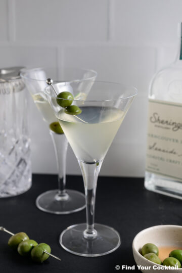 2 gin martinis with olives and a bottle of gin on the side.