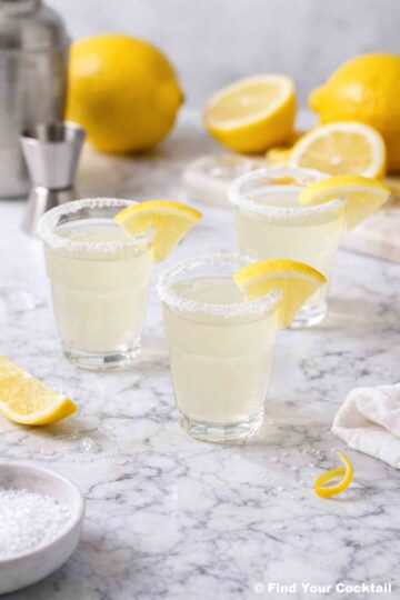 two shot glasses with sugared rims and a lemon wedge with lemons around and a cocktail shaker in the background.