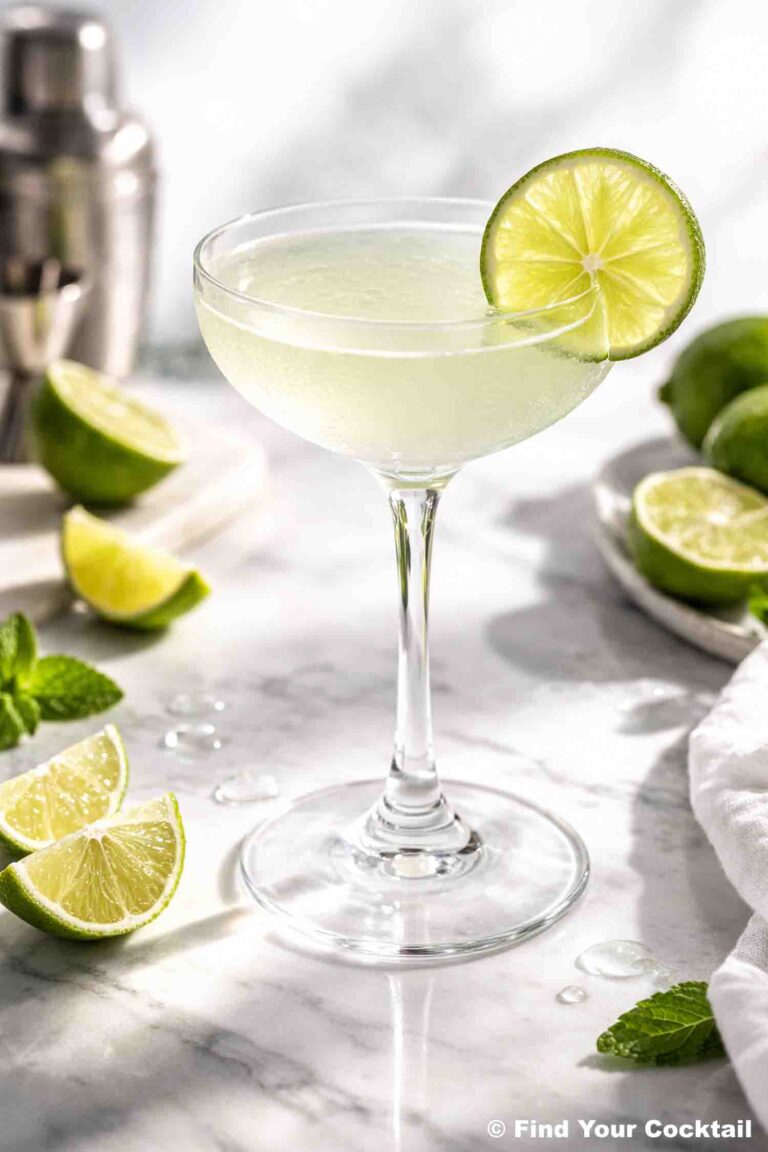 a vodka gimlet in a coupe glass garnished with a like wheel.