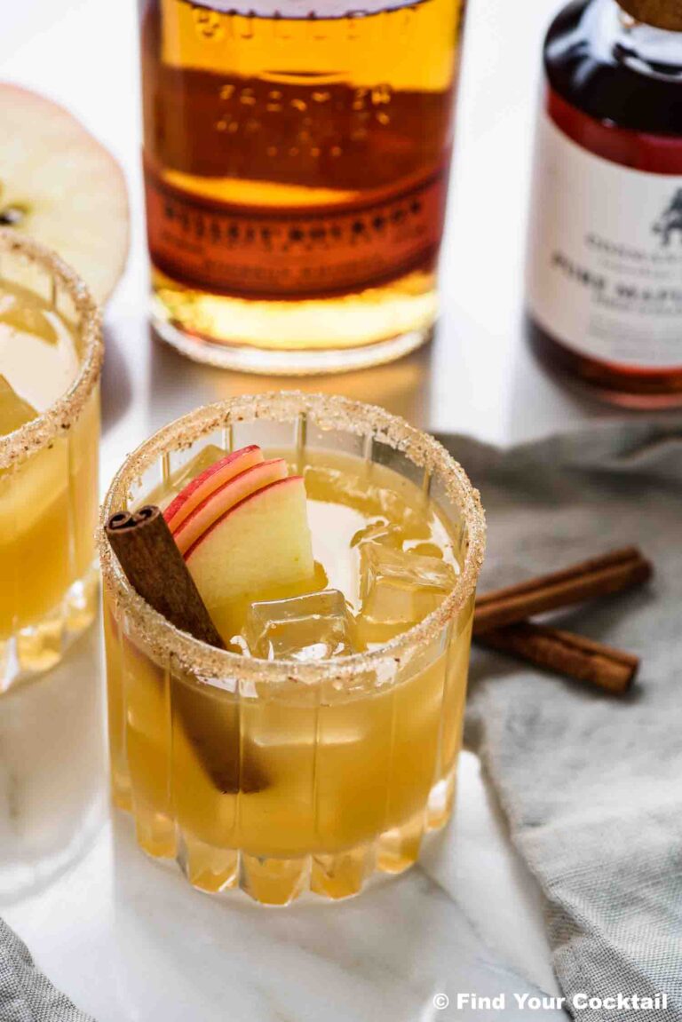 a cocktail in a rocks glass garnished with sliced apple and a cinnamon stick