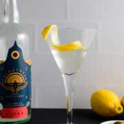a dry vodka martini with a lemon twist and a bottle of vodka.