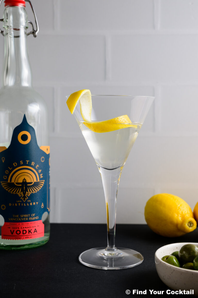 a dry vodka martini with a lemon twist and a bottle of vodka.