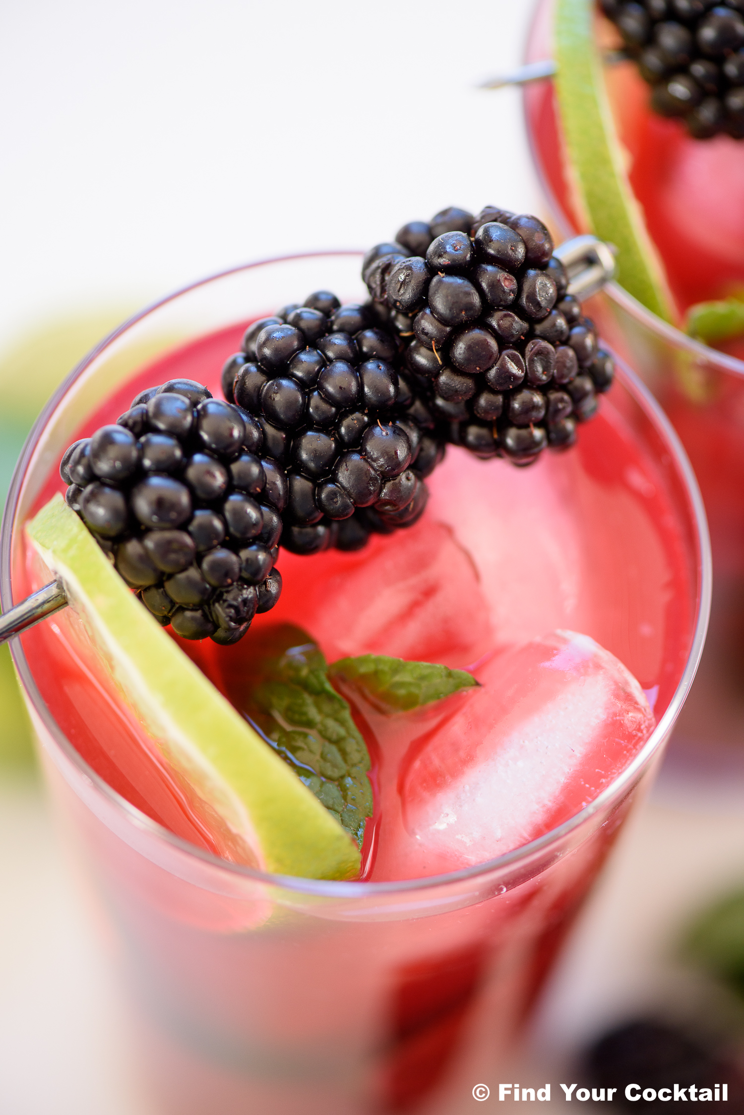 a close up of a blackberry mojito with a skewer of blackberries and a lime wedge.
