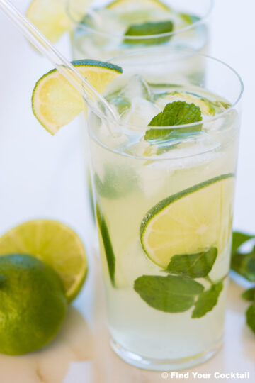 a mojito in a tall glass with mint and lime