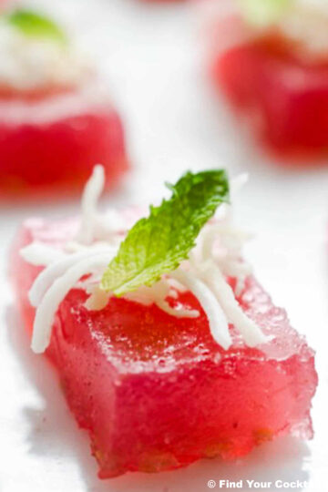 Close-up of a pink, square-shaped Jello shot topped with shredded coconut and a mint leaf, arranged on a white surface.