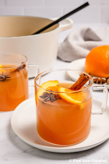 Two clear mugs of orange-hued drink garnished with orange slices, cinnamon sticks, and star anise, with an orange, pot, and ladle in the background.