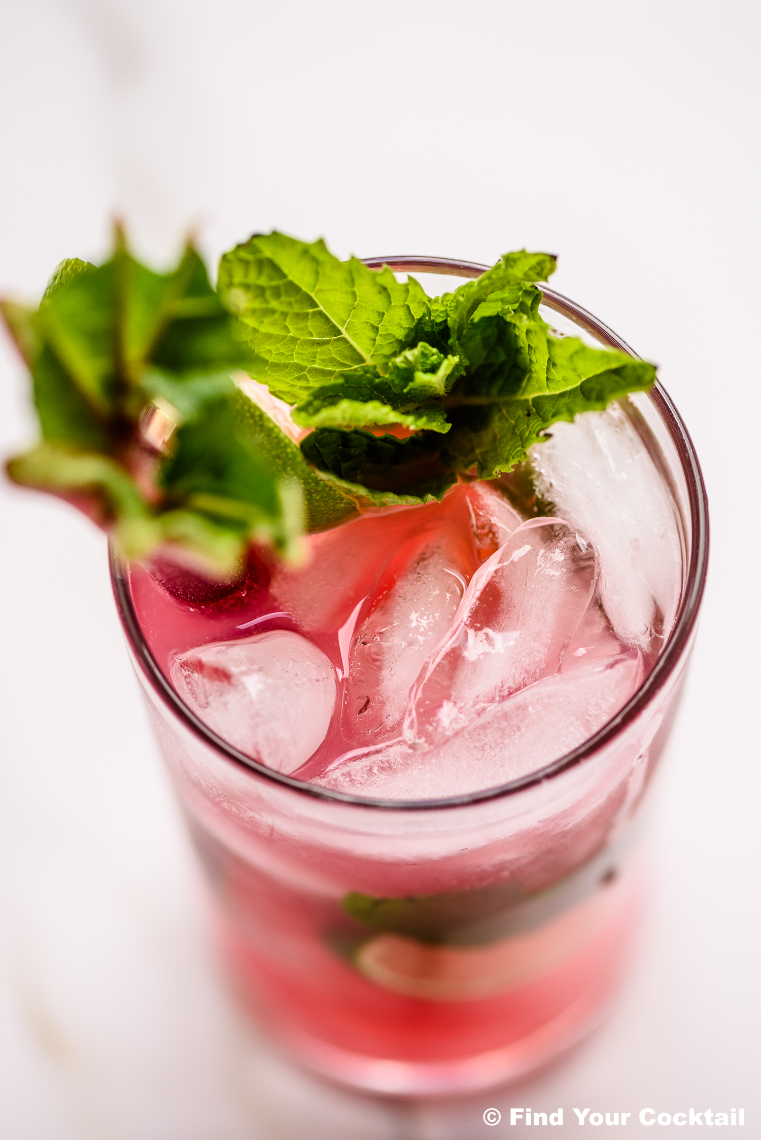 A glass filled with a pink cocktail, ice cubes, lime slices, and garnished with fresh mint leaves.