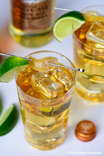 Two glasses of golden cocktail with ice, each garnished with a lime wedge and sugared rim, sit on a white surface near lime slices and a bottle cap.
