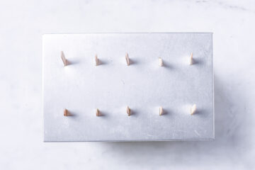 A rectangular metal block with ten evenly spaced wooden wedges inserted upright in two rows on its surface, viewed from above.