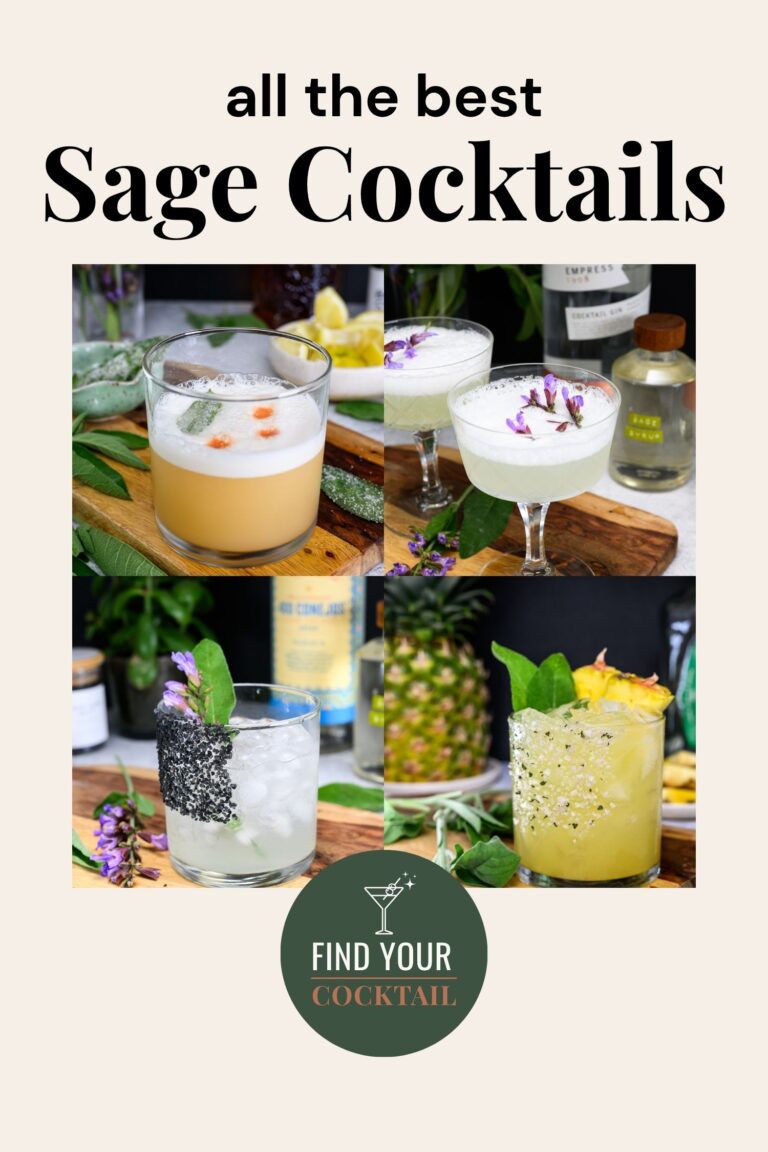Collage of four sage cocktails on wooden boards, each garnished with herbs or flowers; text reads “all the best Sage Cocktails” and “Find Your Cocktail.”.