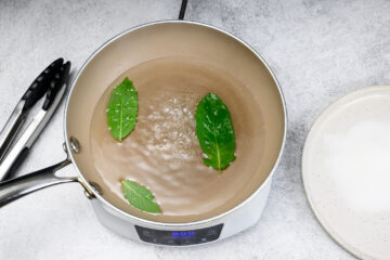 A saucepan of water is boiling on an electric stove with three green leaves floating on the surface. Tongs and a plate are beside the pot.