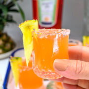 A hand holds a glass of orange cocktail with a salted rim and a pineapple wedge garnish; a bottle of Aperol is visible in the background.