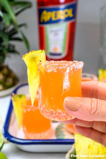 A hand holds a glass of orange cocktail with a salted rim and a pineapple wedge garnish; a bottle of Aperol is visible in the background.