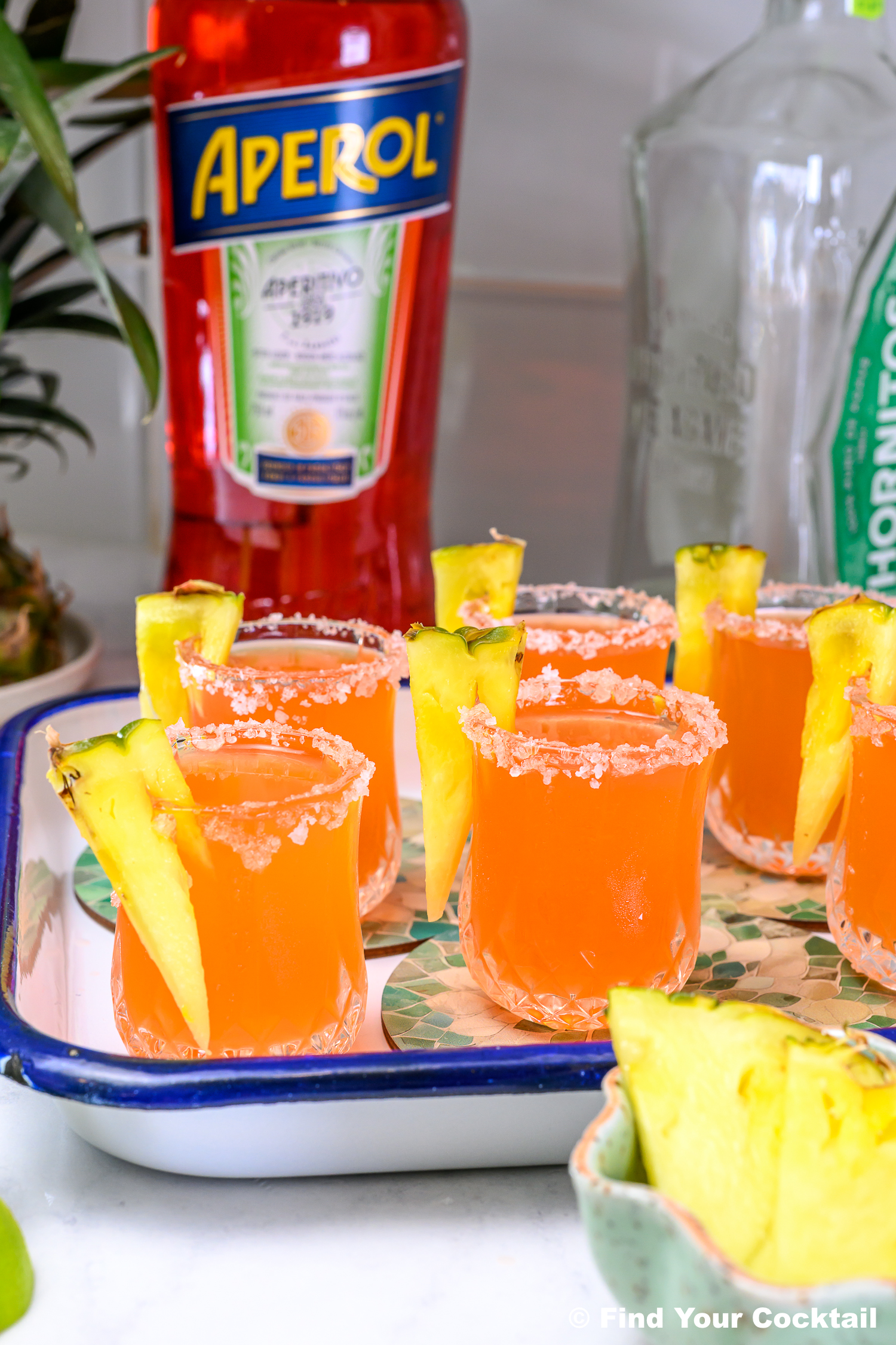 Six small glasses filled with an orange cocktail, each garnished with a pineapple slice, are arranged on a tray. A bottle of Aperol and other bottles are in the background.