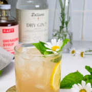 A glass of cocktail with ice, lemon slice, mint, and a daisy flower garnish sits on a coaster, with gin, grenadine syrup, and flowers in the background.