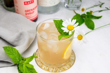 A cocktail with ice, a lemon slice, mint, and a daisy garnish sits on a coaster. Grenadine syrup, mint, and daisies are nearby.