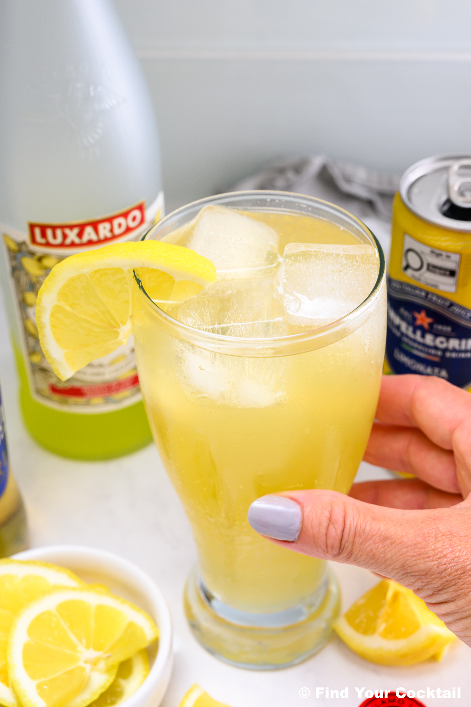 A hand holding a lemon cocktail with ice in a tall glass, garnished with a lemon slice. Bottles and lemon wedges are visible in the background.