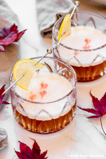 Two whiskey sour cocktails with frothy tops, garnished with lemon slices on cocktail picks, sit on a white surface with red autumn leaves scattered nearby.