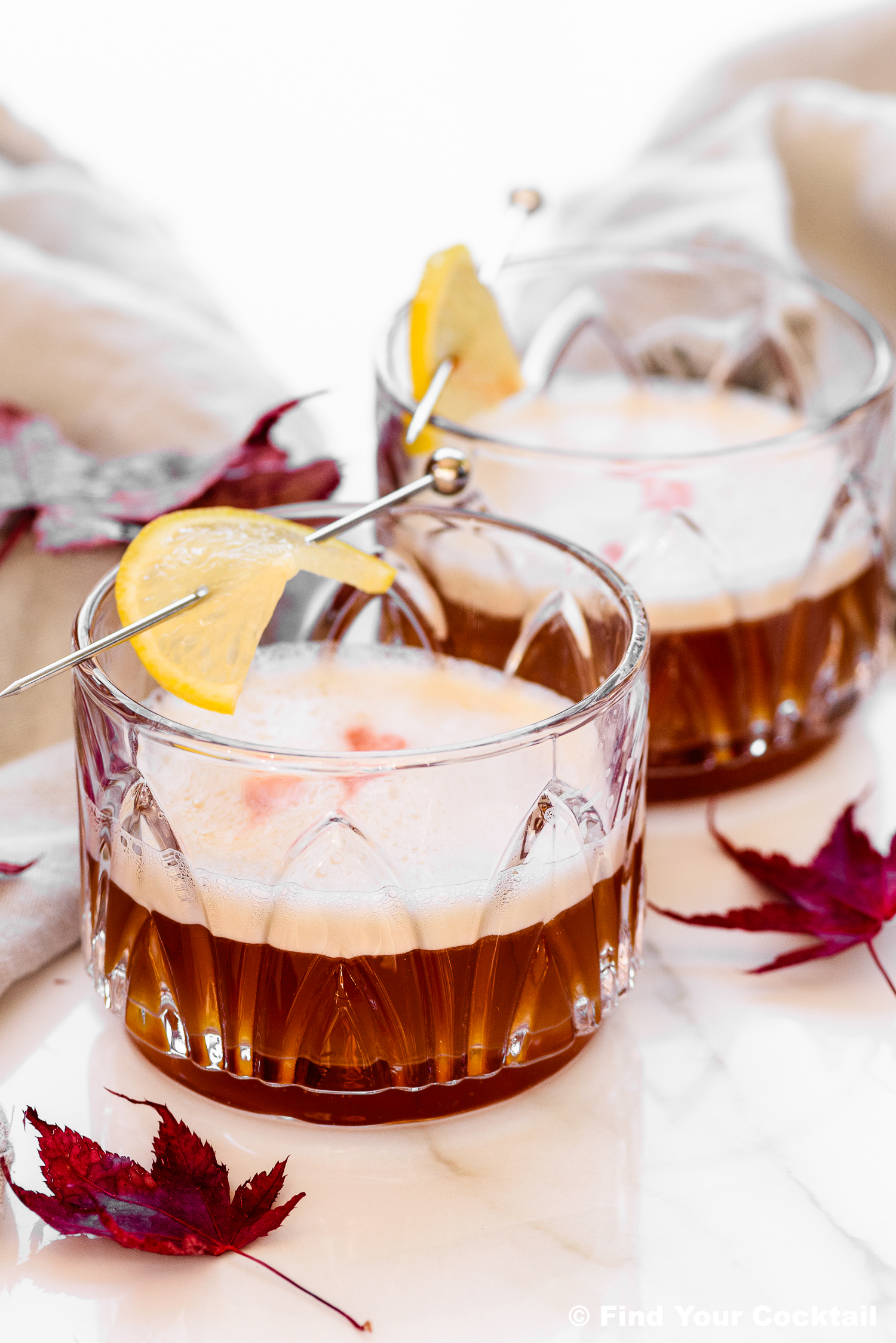 Two cocktails with a frothy top served in short glasses, each garnished with a lemon wedge and cocktail pick, set on a white surface with red leaves nearby.